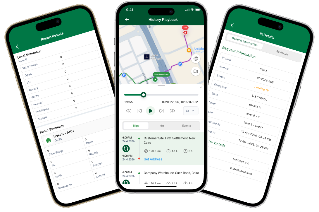 UMA mobile app screens — report results, history playback with map and trip timeline, and inspection request details